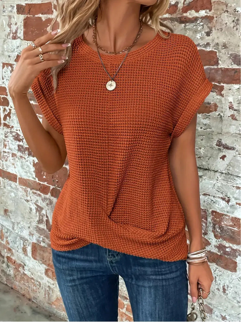 Women's orange sweetheart round-neck short-sleeve knit T-shirt with gathered front