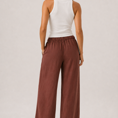 Brennan pants in burgundy, drapey wide-leg silhouette with elastic waist