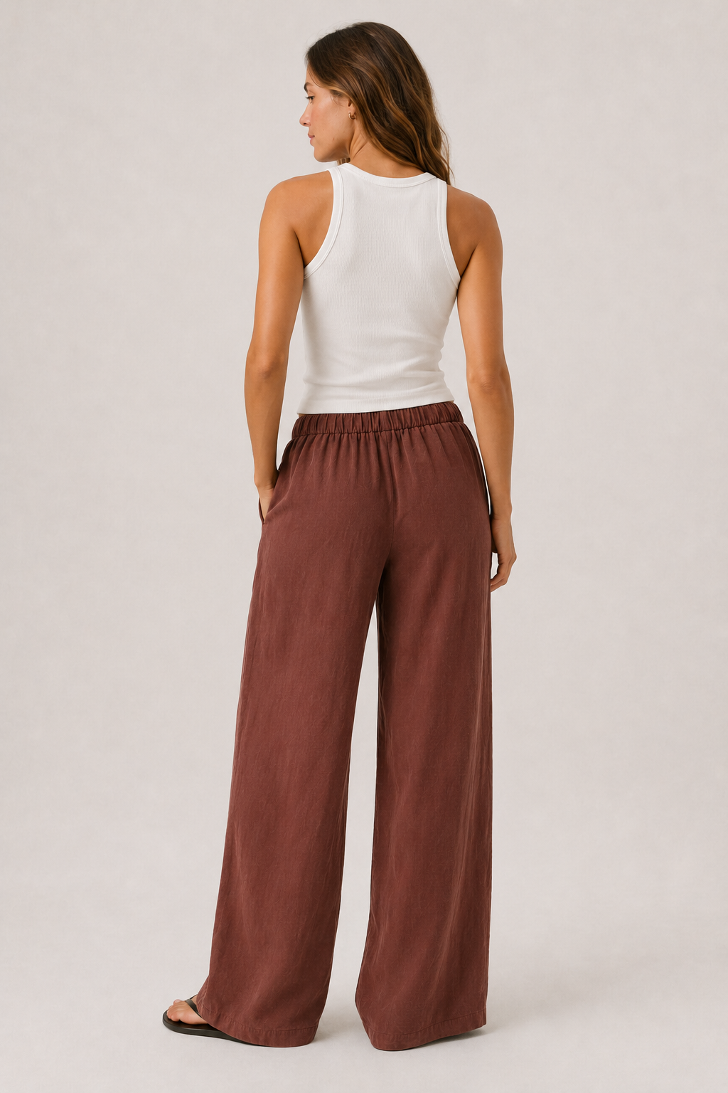 Brennan pants in burgundy, drapey wide-leg silhouette with elastic waist