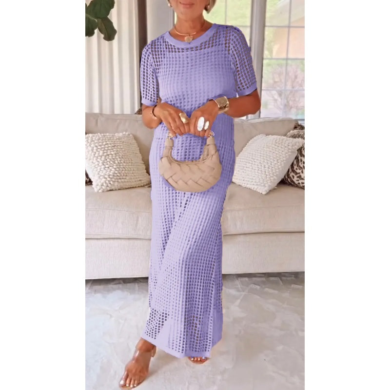 Purple cut-out long maxi dress with short sleeves and scoop neck, knit eyelet texture