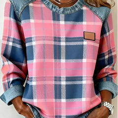 Plaid top with denim-trim neckline, long sleeves, chest patch pocket, pink-and-blue checks