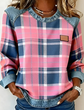 Plaid top with denim-trim neckline, long sleeves, chest patch pocket, pink-and-blue checks