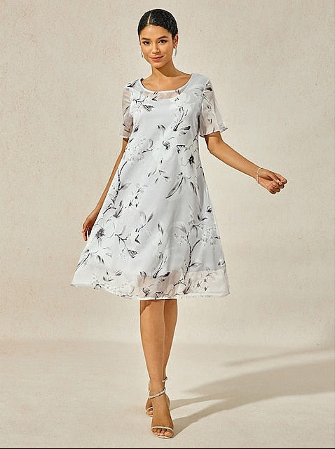Gray floral midi dress with short sleeves and gathered skirt, full-length view