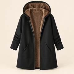 Black sherpa-lined hooded coat with full front zipper and two side pockets