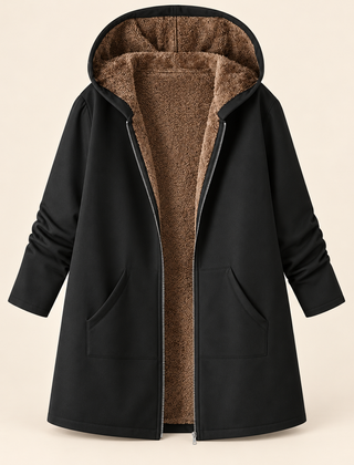 Black sherpa-lined hooded coat with full front zipper and two side pockets