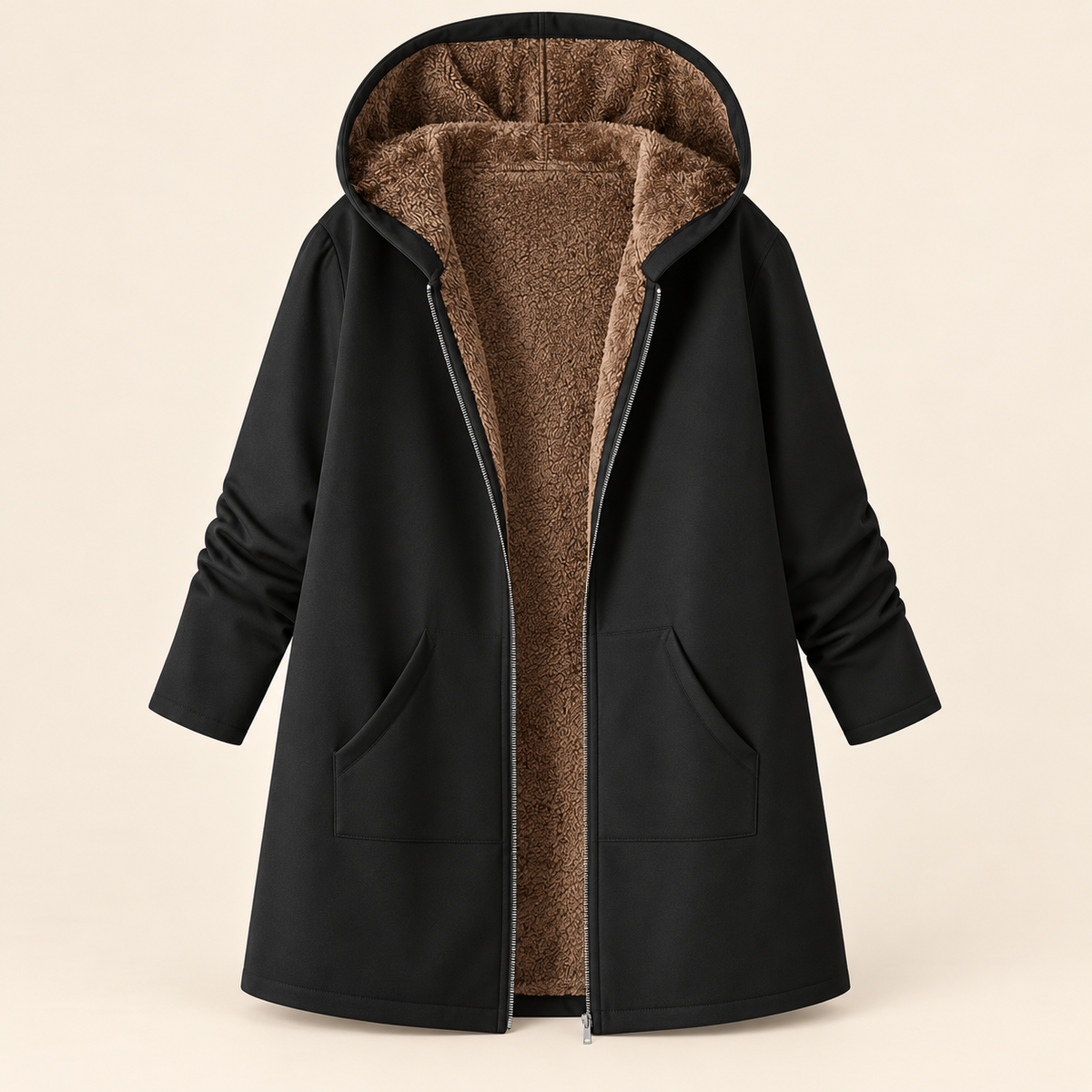Black sherpa-lined hooded coat with full front zipper and two side pockets