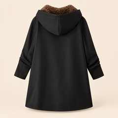 Black hooded sherpa coat, back view with relaxed A-line silhouette
