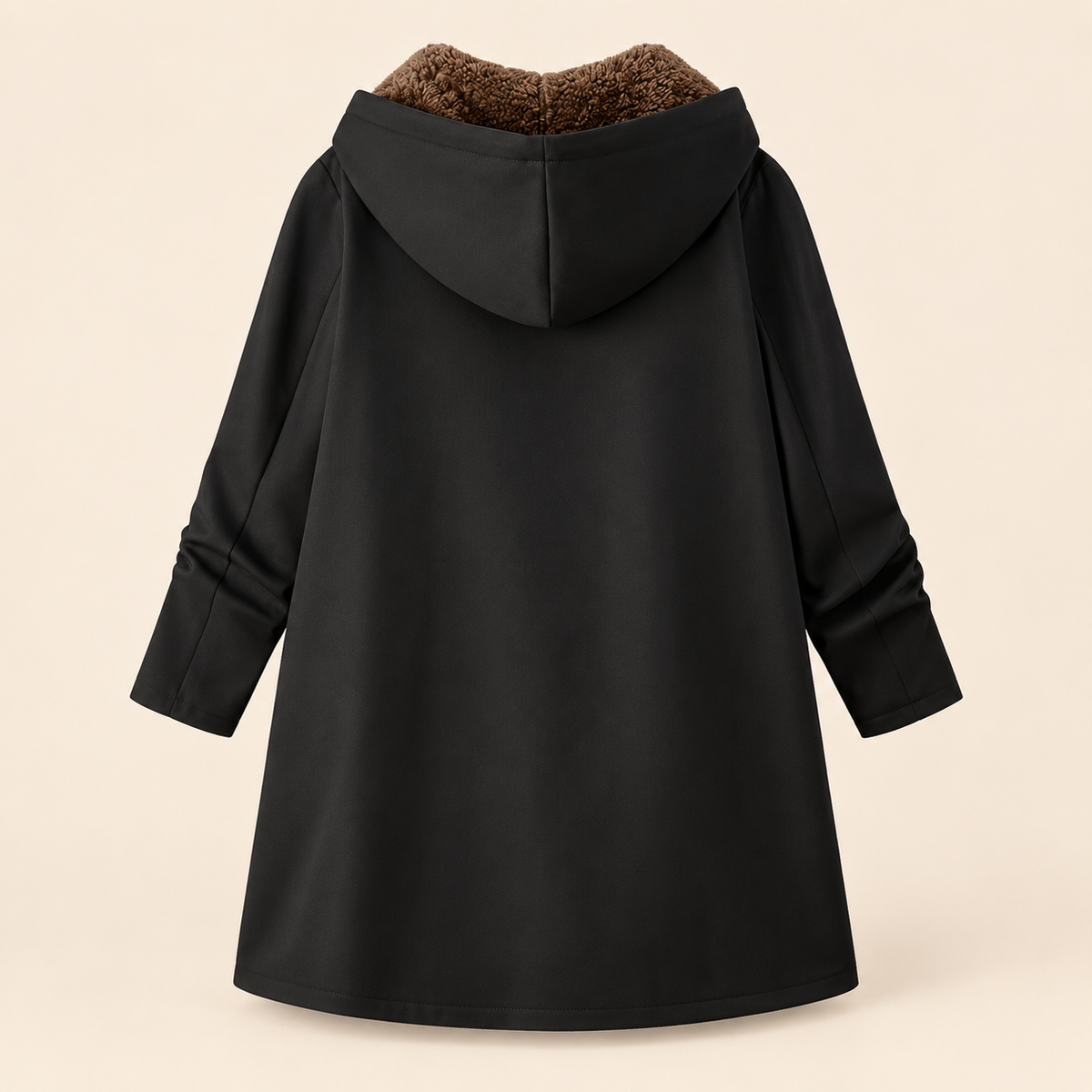 Black hooded sherpa coat, back view with relaxed A-line silhouette