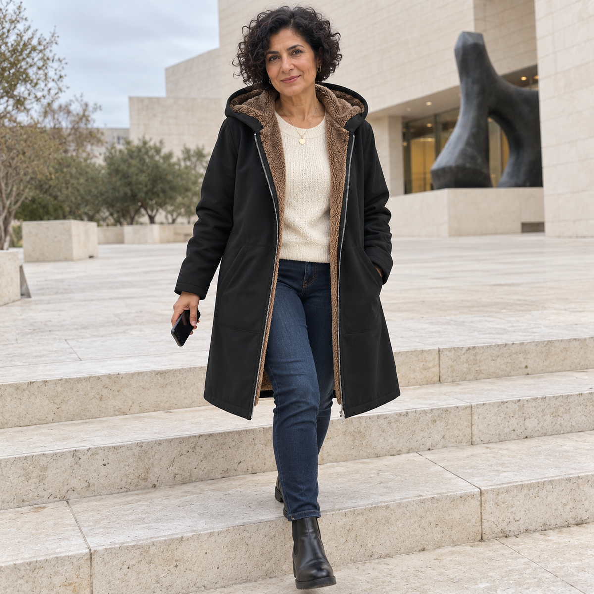 Black sherpa-lined hooded coat worn over jeans with front zipper