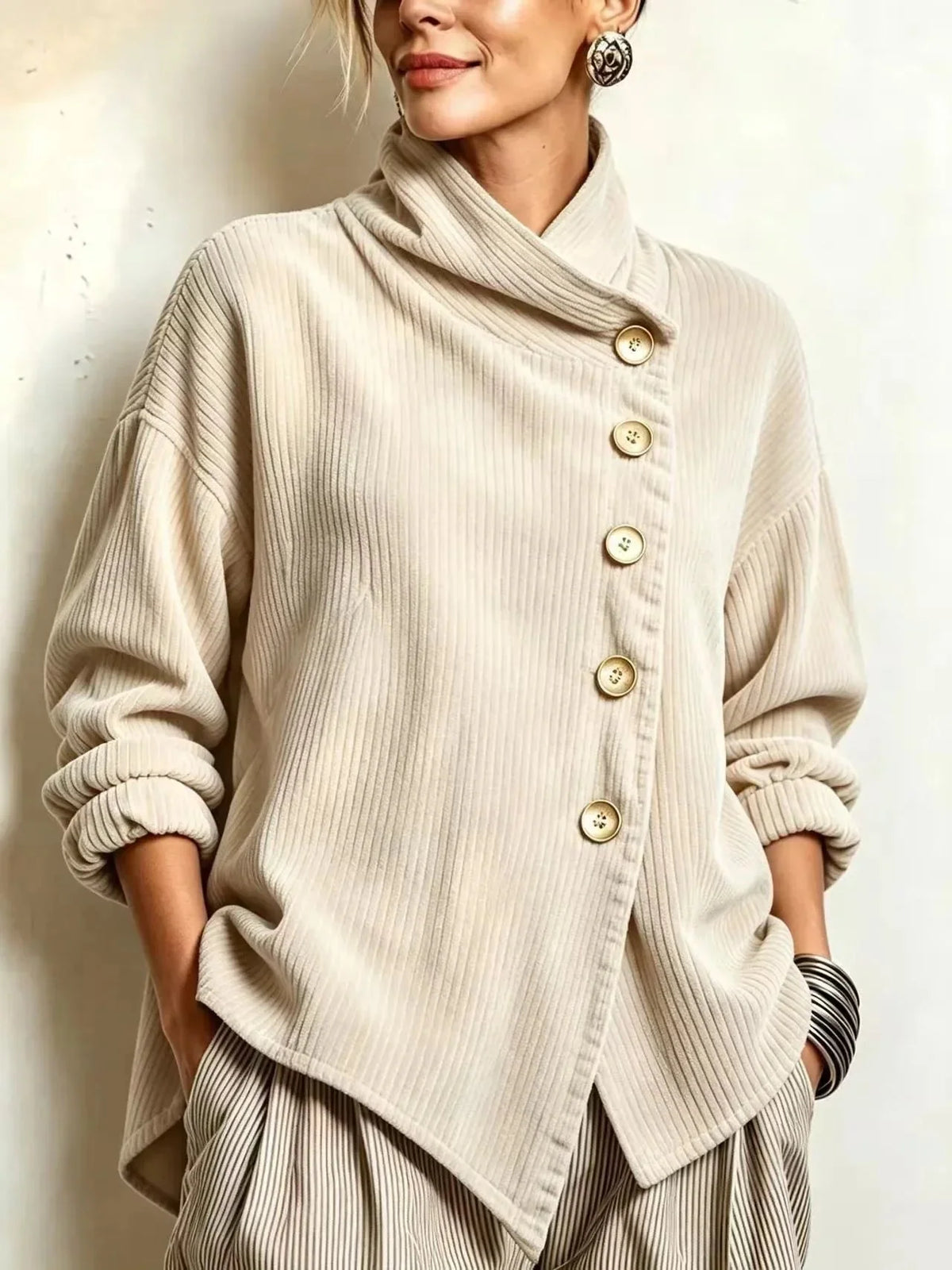 Cream corduroy cowl-neck top with long sleeves and front buttons