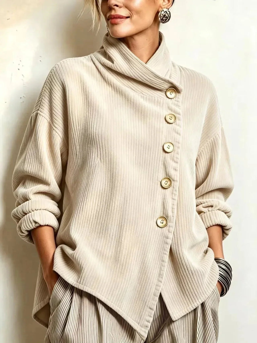 Cream corduroy cowl-neck top with long sleeves and front buttons