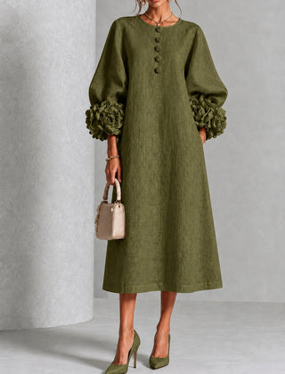 Olive midi dress with button front and puff sleeves, rosette cuff details