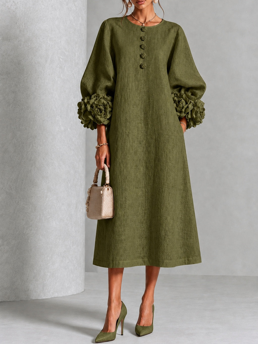 Olive midi dress with button front and puff sleeves, rosette cuff details