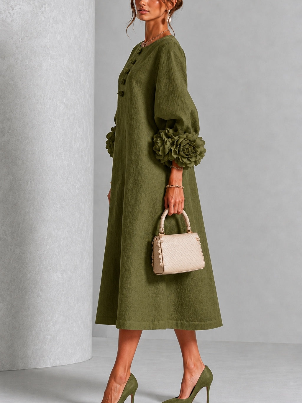 Olive midi dress with side profile, button front and large rosette puff cuffs
