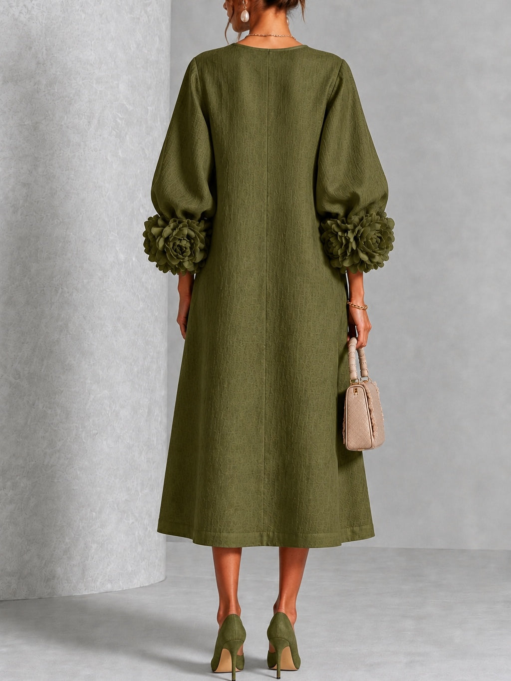 Olive midi dress back view with button placket and rosette puff sleeve cuffs