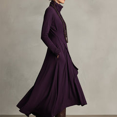 Purple asymmetrical maxi knit dress with roll neck and side draped skirt