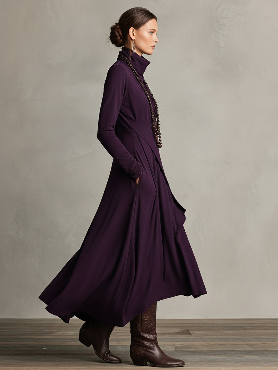 Purple asymmetrical maxi knit dress with roll neck and side draped skirt