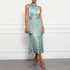 Mint halter neck midi dress with scalloped scale pattern and draped bodice