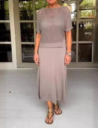 Elena two-piece set in taupe: open-knit short-sleeve top and pale midi skirt