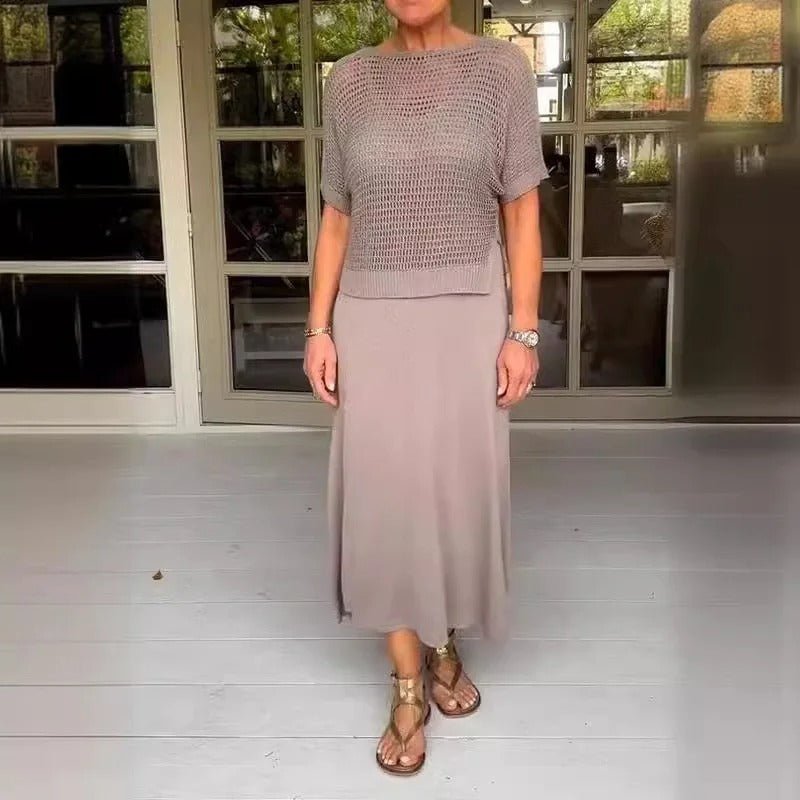 Elena two-piece set in taupe: open-knit short-sleeve top and pale midi skirt