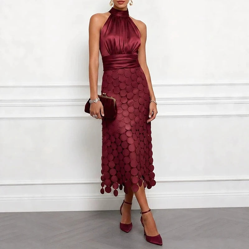 Red wine halter neck midi dress with scalloped scale pattern and gathered bodice