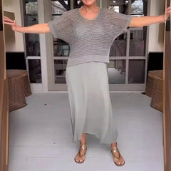 Elena two-piece set in taupe: knit short-sleeve top with light gray midi skirt