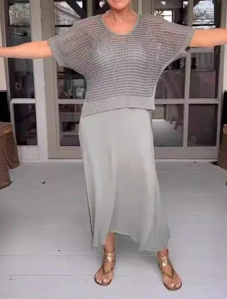 Elena two-piece set in taupe: knit short-sleeve top with light gray midi skirt