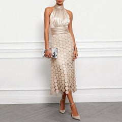 Champagne halter neck midi dress with scalloped scale pattern and draped neckline