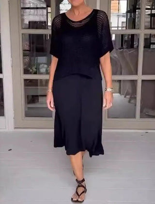 Elena two-piece set in black: mesh knit short-sleeve top and midi skirt