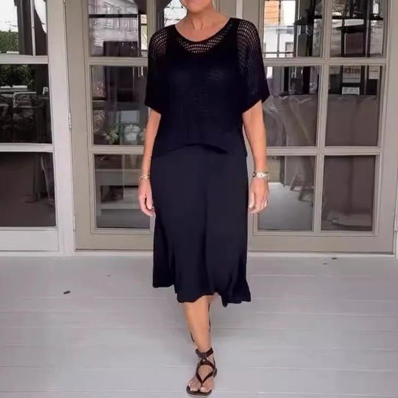 Elena two-piece set in black: mesh knit short-sleeve top and midi skirt