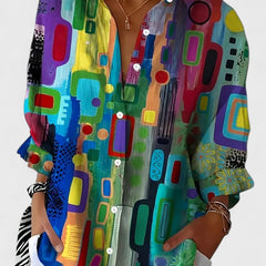 Rose™ geometric print blouse with button front and long puff sleeves