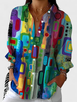 Rose™ geometric print blouse with button front and long puff sleeves
