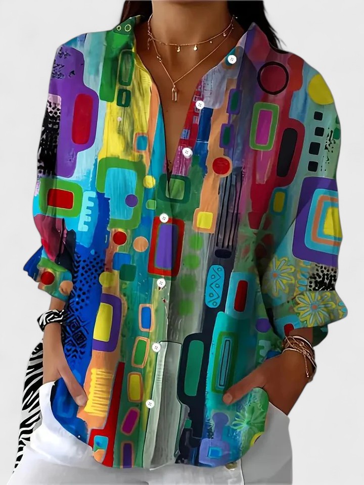 Rose™ geometric print blouse with button front and long puff sleeves