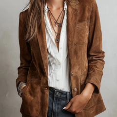 Brown suede blazer with notch lapels, button front, and two flap pockets
