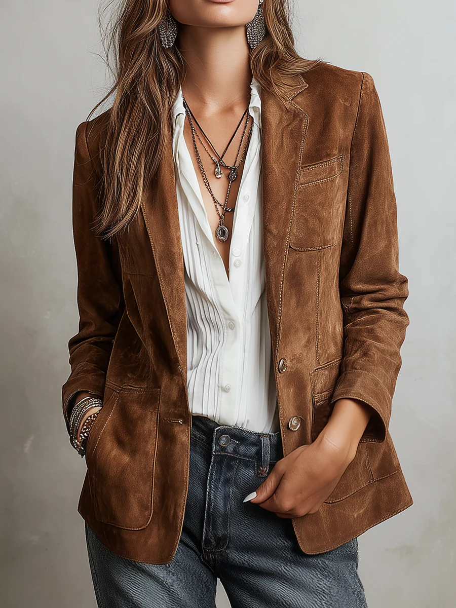 Brown suede blazer with notch lapels, button front, and two flap pockets