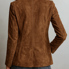 Brown suede blazer back view with center seam and long sleeves