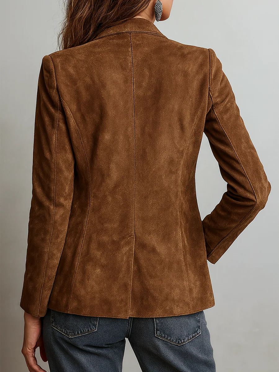Brown suede blazer back view with center seam and long sleeves