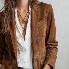 Brown suede blazer front view with lapels, flap pockets, and buttoned placket