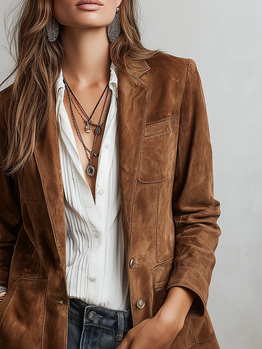 Brown suede blazer front view with lapels, flap pockets, and buttoned placket
