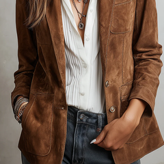 Brown suede blazer close-up with flap pockets and button front