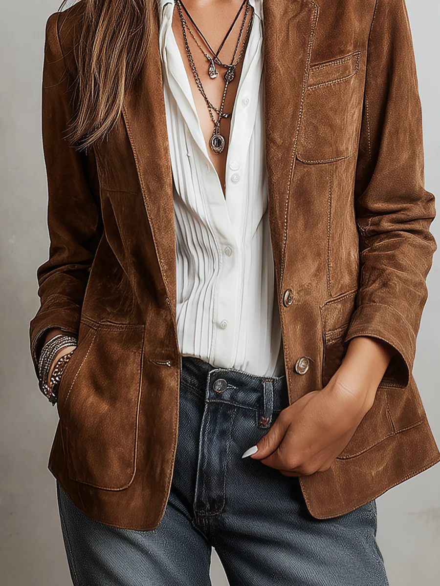 Brown suede blazer close-up with flap pockets and button front