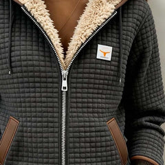 Sherpa-lined quilted zip-up hooded jacket, dark gray with sherpa collar and tan pocket trim