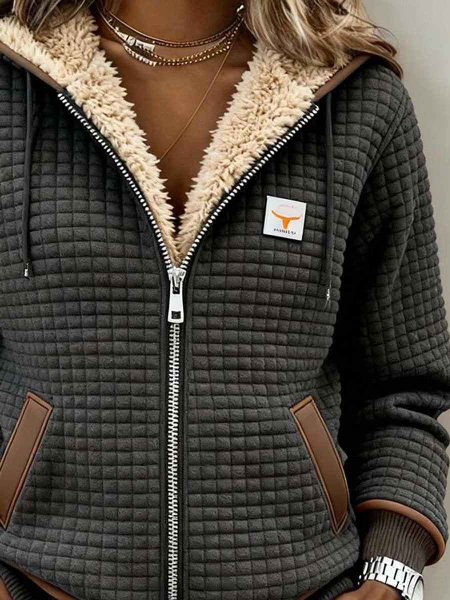 Sherpa-lined quilted zip-up hooded jacket, dark gray with sherpa collar and tan pocket trim