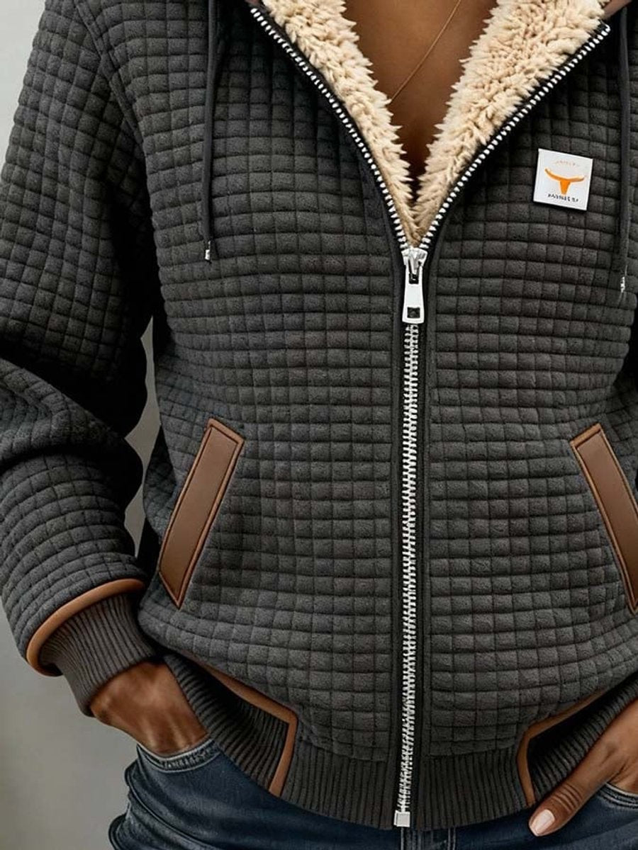 Sherpa-lined quilted zip-up hooded jacket, dark gray with tan flap pockets and ribbed cuffs