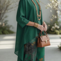 Green long tunic top and wide-leg printed pants set with loose sleeves