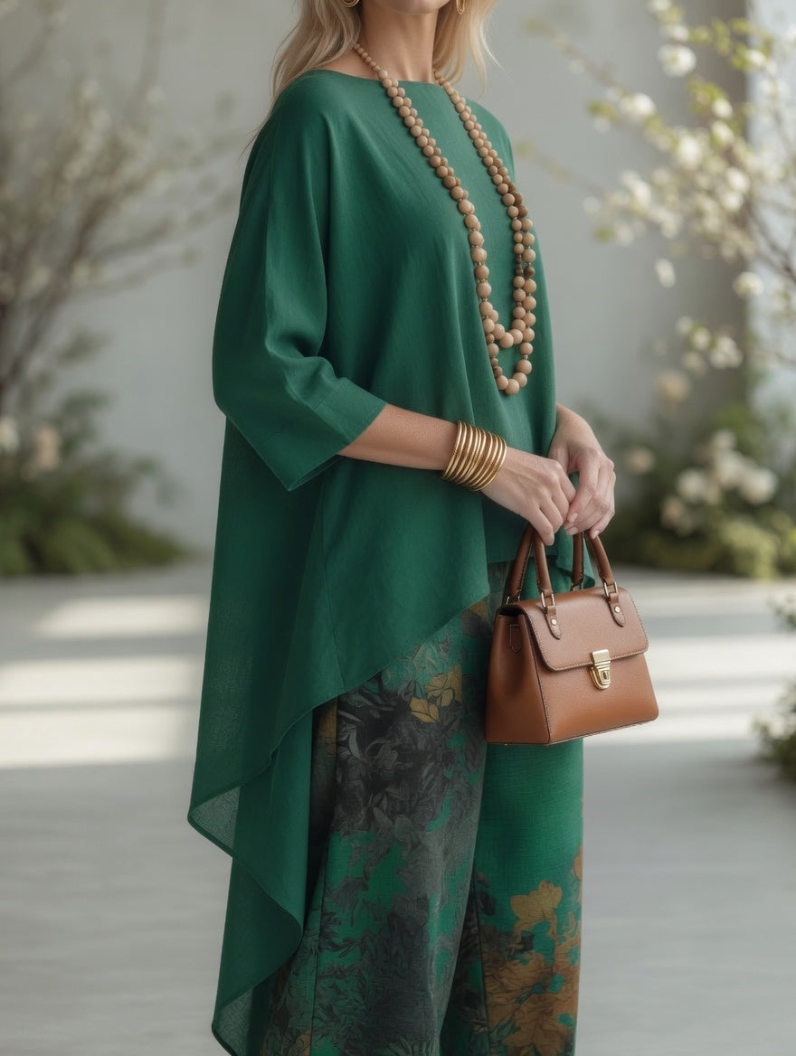 Green long tunic top and wide-leg printed pants set with loose sleeves