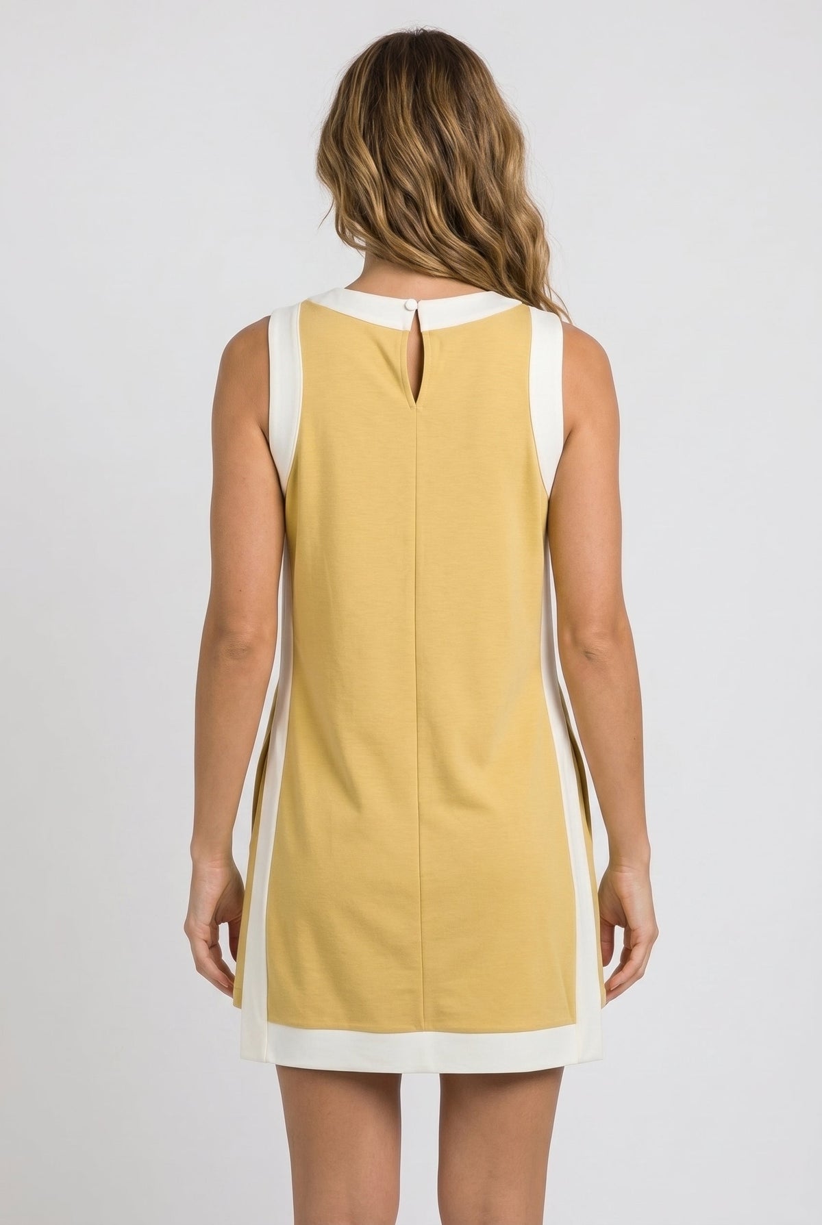 Game day set dress back view, sleeveless yellow with white side panels