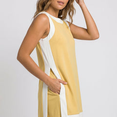 Game day set dress, sleeveless yellow with white side panels and short A-line hem