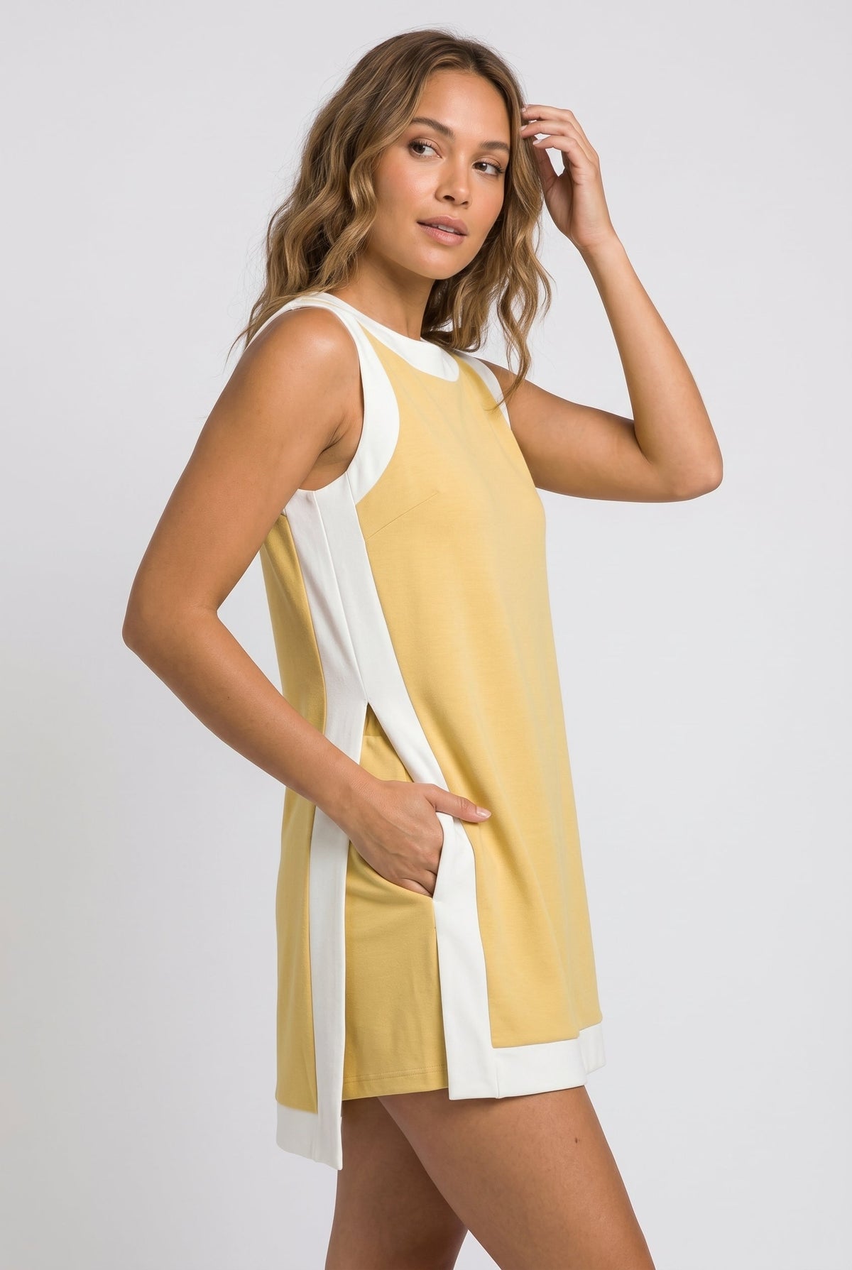 Game day set dress, sleeveless yellow with white side panels and short A-line hem
