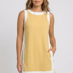 Game day set dress, sleeveless yellow with white side panels and crew neckline